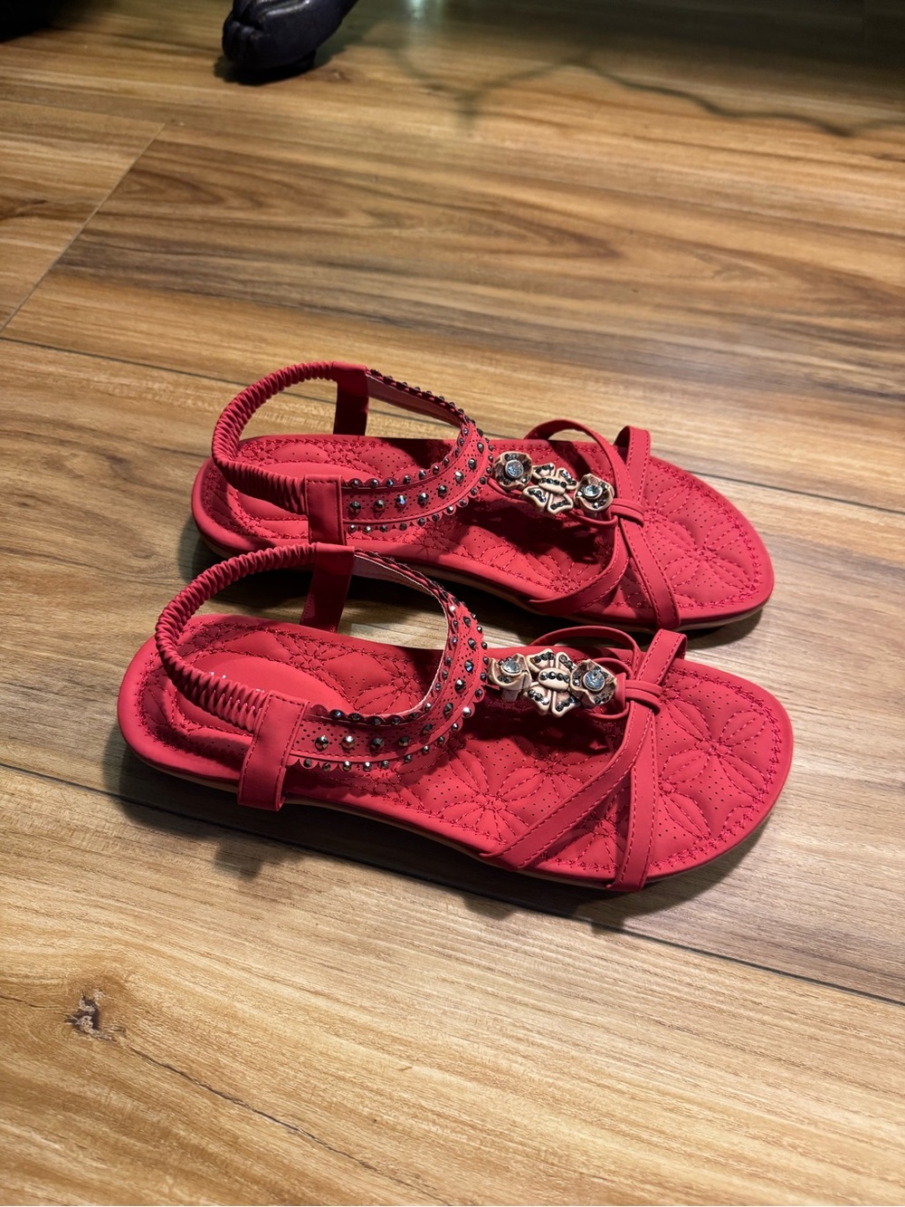 Red Embellished Slingback Sandals for Women